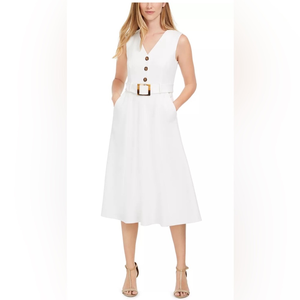 Calvin Klein Button-Trim Belted Fit & Flare white Dress size 6 $37